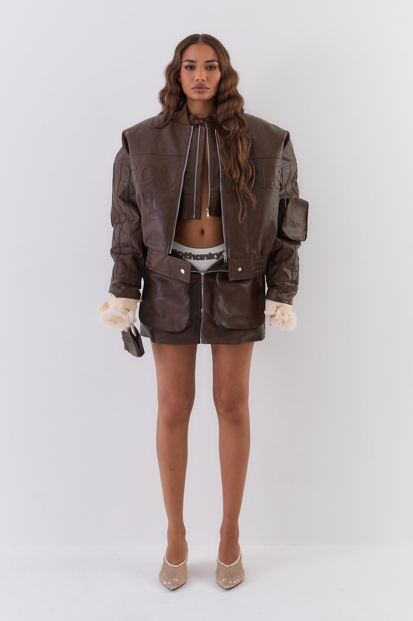 VEGAN LEATHER BOMBER JACKET - Brown