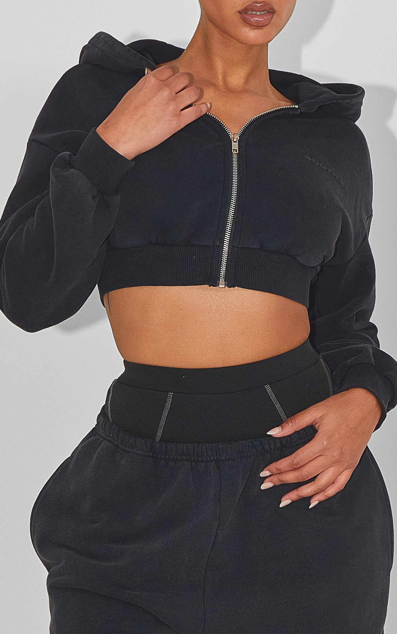 VINTAGE CROP ZIP HOODY - Washed Black