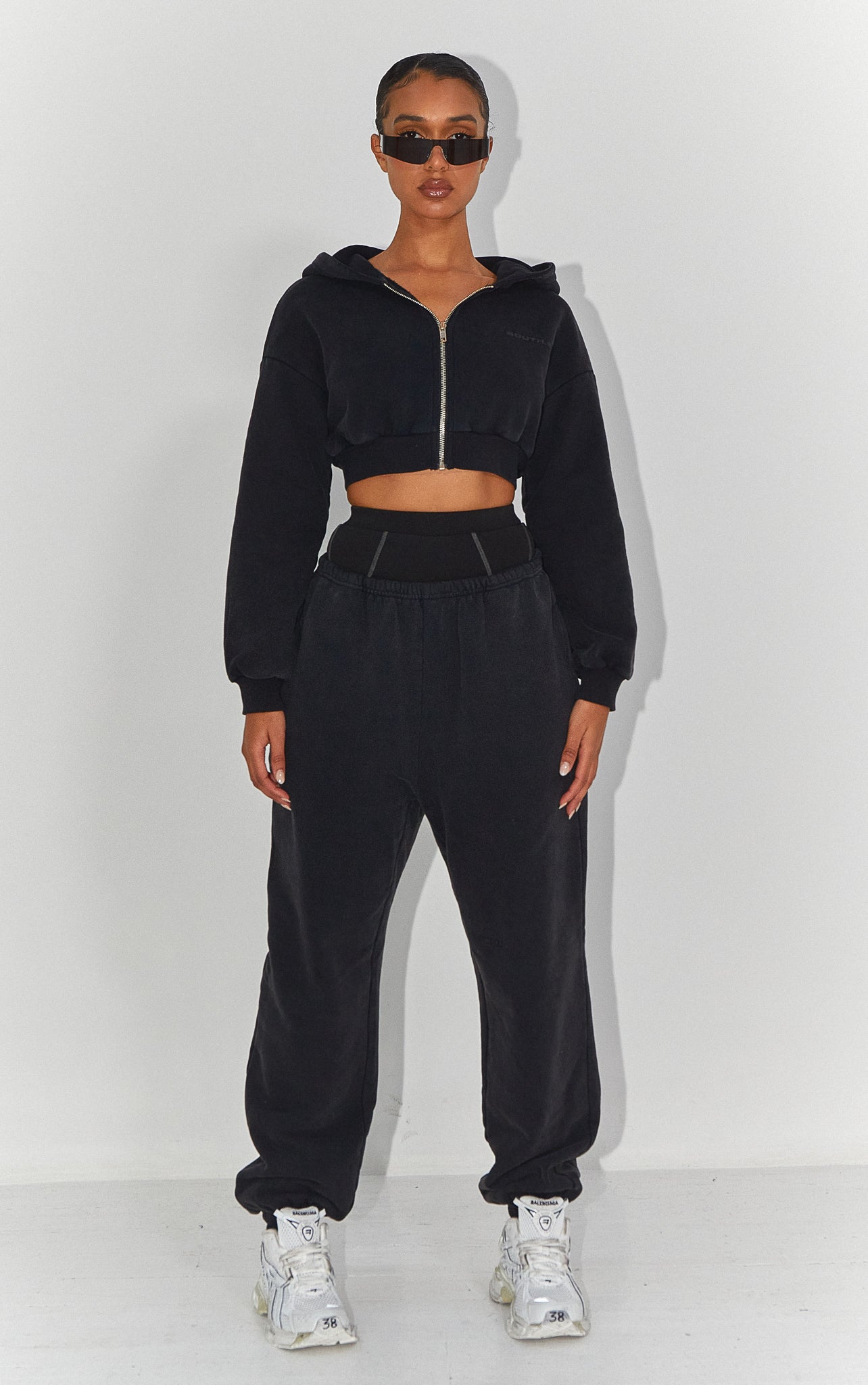 VINTAGE CROP ZIP HOODY - Washed Black